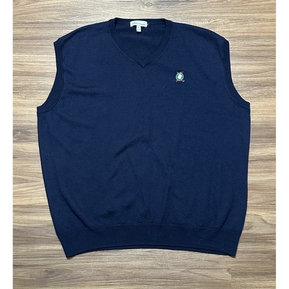 Peter Millar Autumn Crest V Neck Sweater Vest Men's Navy Merino Wool Blend Sz XL